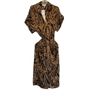 Melloday Womens Animal Print Shirt Dress Tan Black Tiger Stripe Midi Small NEW